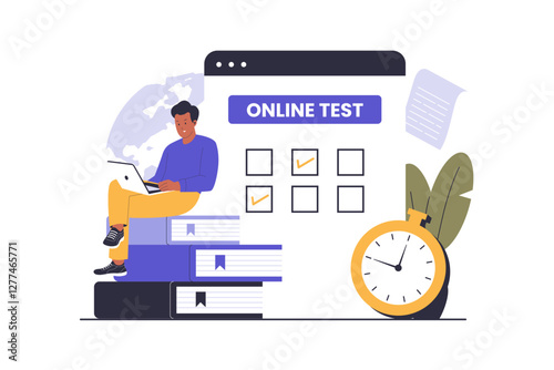 Illustration of online test concept. Online education, questionnaire form, survey metaphor, answering internet quiz, homework assignment. Illustration for website, landing page, mobile app