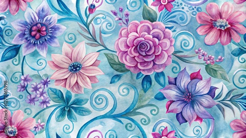 Watercolor Floral Seamless Pattern Pastel Blooms and Teal Swirls, Watercolor Painting, Floral Design Floral Pattern, Watercolor Art