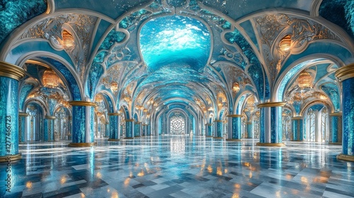 magical underwater palace where mermaids swim through grand halls made of shimmering coral, Generative AI