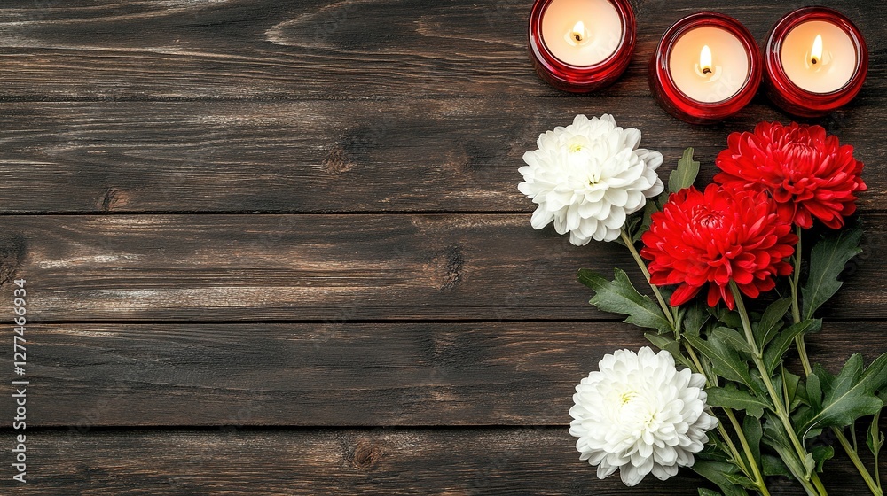 Fototapeta premium Red and White Chrysanthemums Burning Candles on Dark Wood