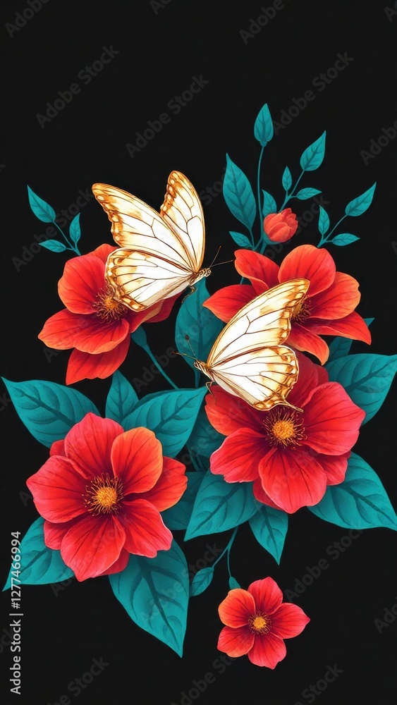 Obraz premium a digital illustration of a floral arrangement with butterflies. The design should feature a dark background, vibrant red flowers, and teal leaves.