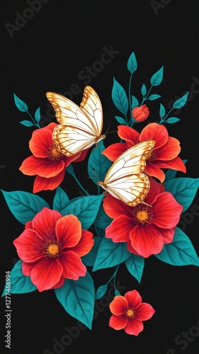 a digital illustration of a floral arrangement with butterflies. The design should feature a dark background, vibrant red flowers, and teal leaves.