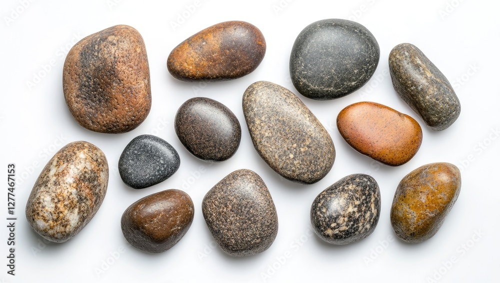 Assorted smooth stones arranged on white background Assorted smooth stones arranged on white background