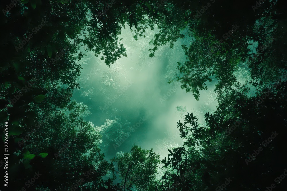 Fototapeta premium Misty forest canopy viewed from below, lush green foliage. Ideal for fantasy, mystery, or nature themes, evokes tranquility and magic.