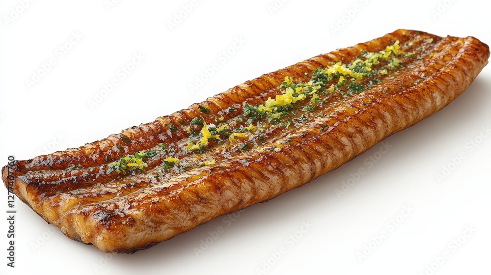 A grilled eel dish garnished with herbs, showcasing a savory presentation. A grilled eel dish garnished with herbs, showcasing a savory presentation.