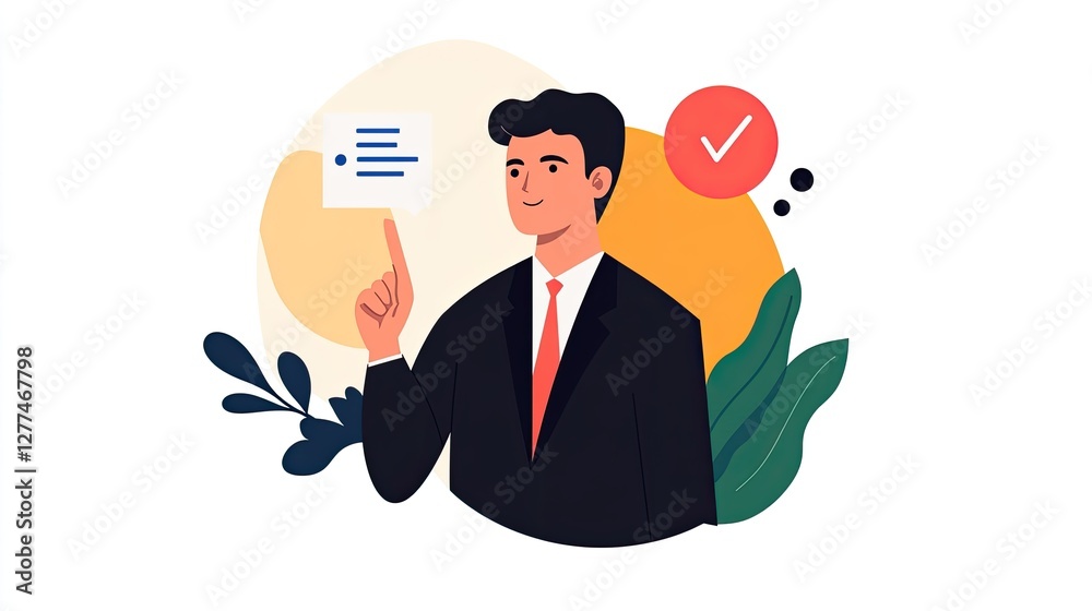 A confident businessman presents a document, symbolizing success and approval, surrounded by abstract shapes and greenery. A confident businessman presents a document, symbolizing success and approval, surrounded by abstract shapes and greenery.