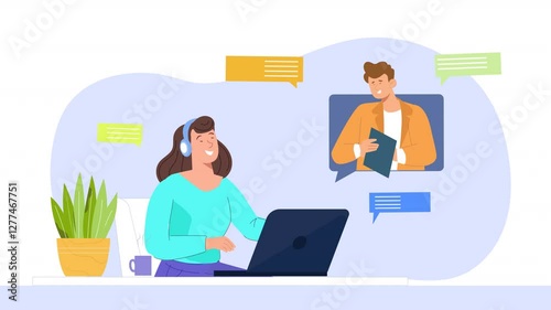 Flat 2D Character Showing Video Calling Concept Animation Scene
