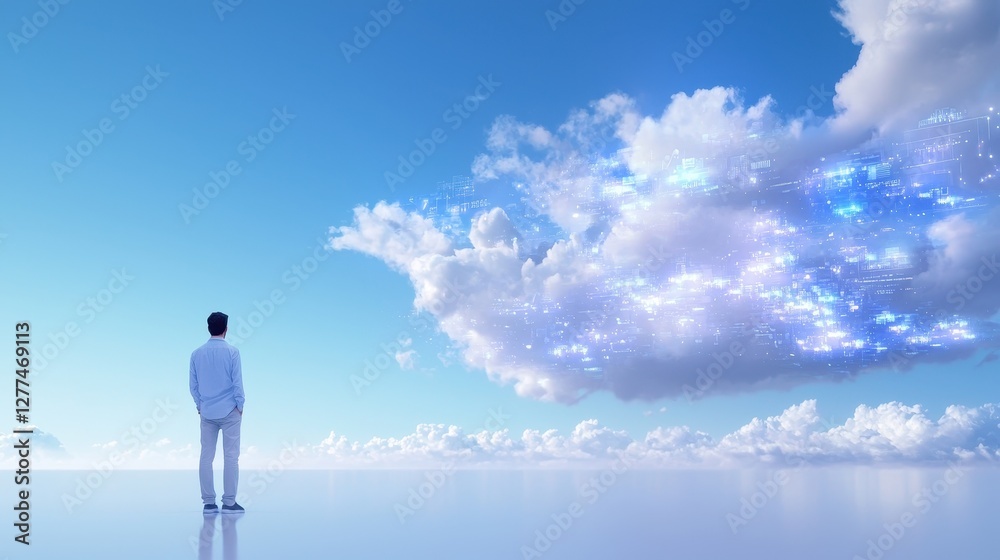 A person in white stands gazing at a bright sky with ethereal clouds, evoking a sense of wonder and possibility. A person in white stands gazing at a bright sky with ethereal clouds, evoking a sense of wonder and possibility.