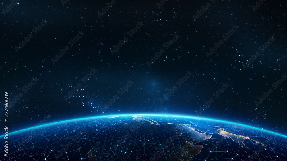 Global Network: A stunning digital depiction of Earth at night, showcasing interconnected networks of data and communication that orbit above a star-studded sky, capturing technological innovation. Global Network: A stunning digital depiction of Earth at night, showcasing interconnected networks of data and communication that orbit above a star-studded sky, capturing technological innovation.