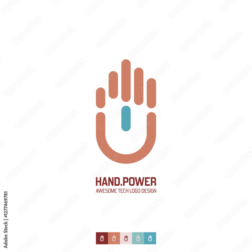 Fototapeta premium Hand Power Logo Design. Unique modern tech companies logomark with finger hand and power button combined, produces a distinctive and simple visual appearance. Editable graphic resources.
