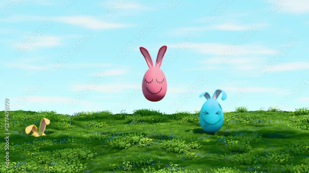 Easter video postcard. Colorful Easter eggs with funny face and bunny ears jump out of their burrows on the green meadow. 3d Animation, rendering