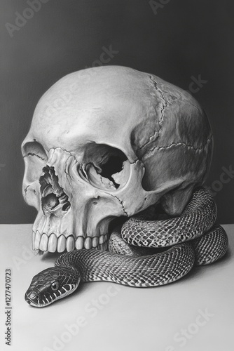 Skull and Snake  Monochrome Drawing  Still Life Art