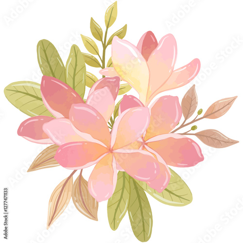 A vibrant cluster of frangipani flowers in watercolor, highlighting varied hues photo