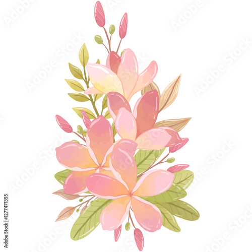 A lush arrangement of frangipani flowers rendered in delicate watercolor