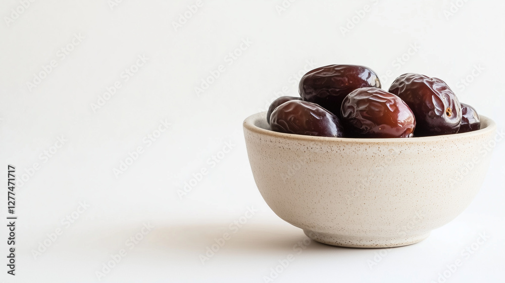 Obraz premium Traditional ceramic bowl with fresh dates on minimalist white background with copy space
