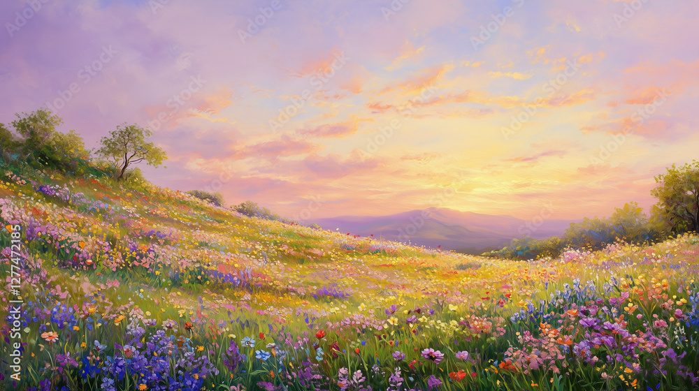 Obraz premium Enchanting dawn landscape with solitary tree overlooking misty mountain vista and wildflower meadow