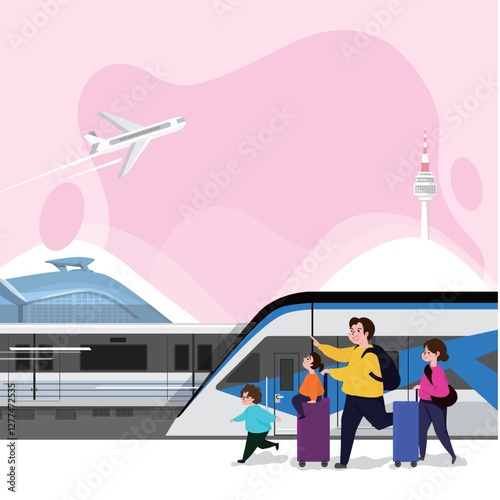 Family Traveling at the Train Station and Airport Vector Illustration