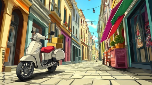 Colorful European street scene with scooter photo