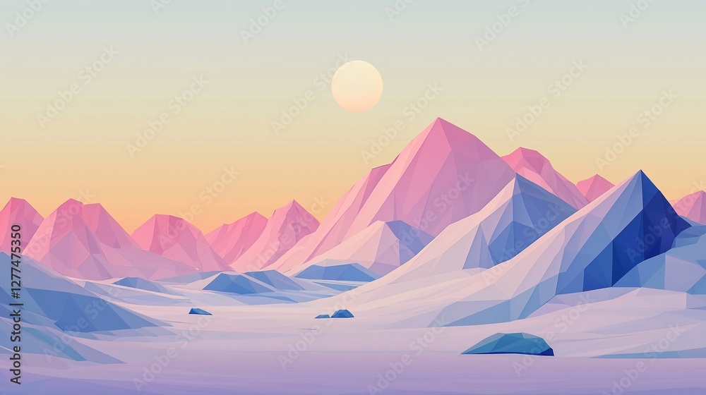 Low-Poly Vector Illustration of a Landscape with Sharp Mountains, Clear Sky, and Full Moon in a Pink and Blue Gradient Color Scheme, Perfect for Digital Art and Simple Vector Graphics Low-Poly Vector Illustration of a Landscape with Sharp Mountains, Clear Sky, and Full Moon in a Pink and Blue Gradient Color Scheme, Perfect for Digital Art and Simple Vector Graphics