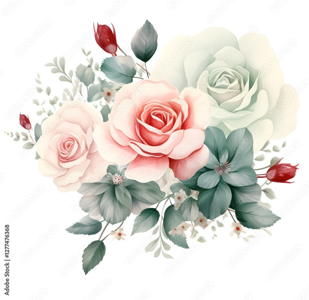 Bouquet of roses on white background. watercolour roses and flowers isolated on a white background. Bouquet of roses on white background. watercolour roses and flowers isolated on a white background.