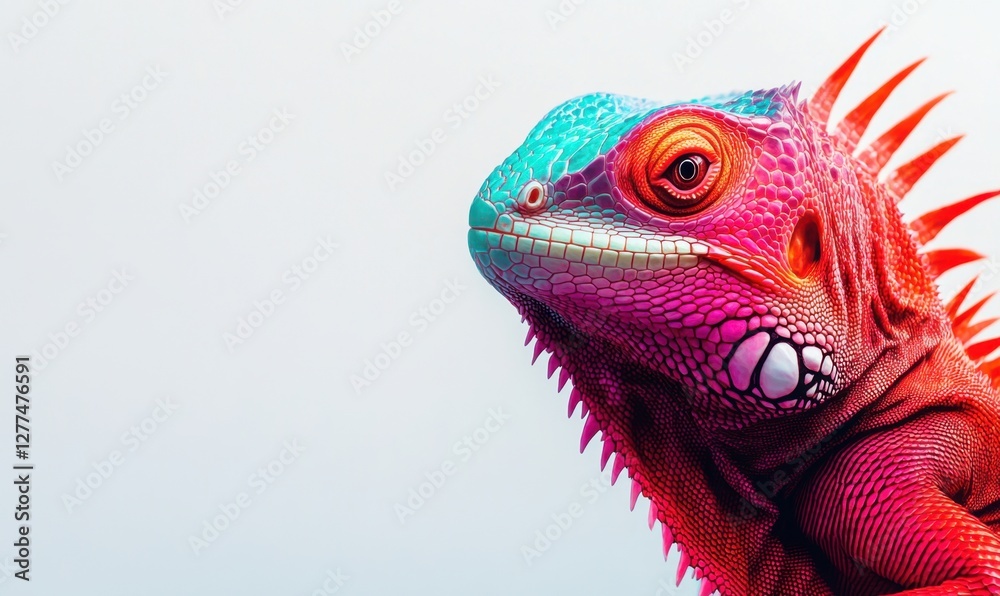Fototapeta premium Vibrant close-up of a colorful iguana against a light background, showcasing its unique features