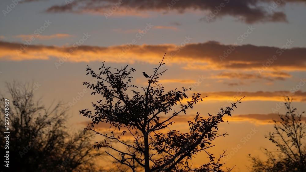 Fototapeta premium Melodious Thrush Perched on a High Branch, Singing as Twilight Falls