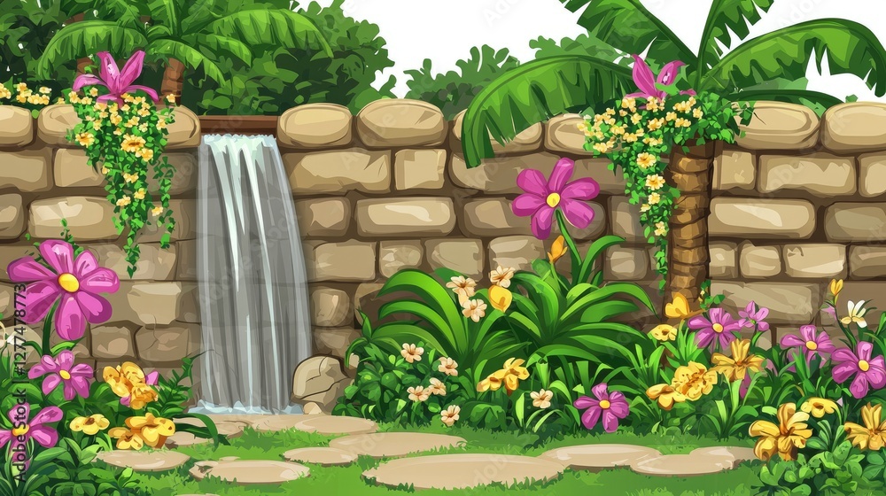 Obraz premium Tropical Garden Waterfall, Stone Wall, Lush Plants