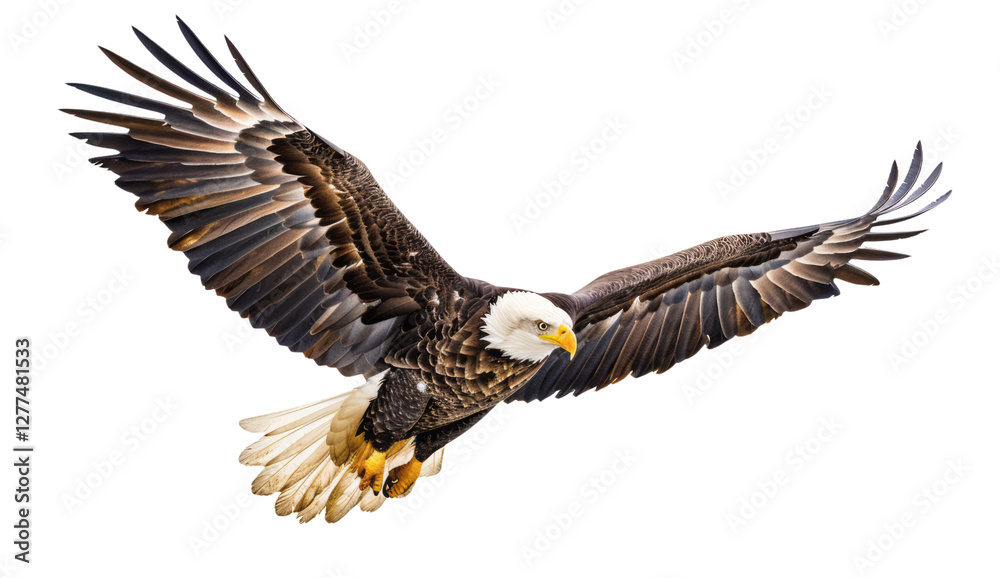 Obraz premium A bald eagle flying with an American flag background on a transparent background.