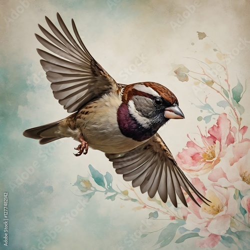 Stylized House Sparrow in Mid-Flight with Elegant Lines