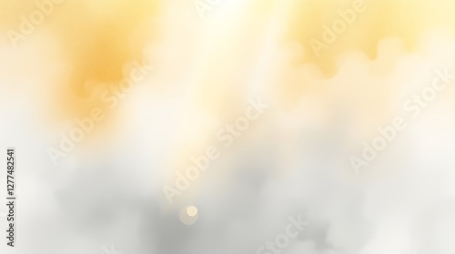 Delicate watercolor painting with volumetric lighting and a clean gold textured background. The illustration shows light beams cutting through fog, creating translucent washes, with fluid brushstrokes