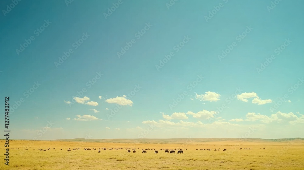 Video generation of a vast savannah with grazing animals under a clear blue sky. Featuring wildlife and open landscapes