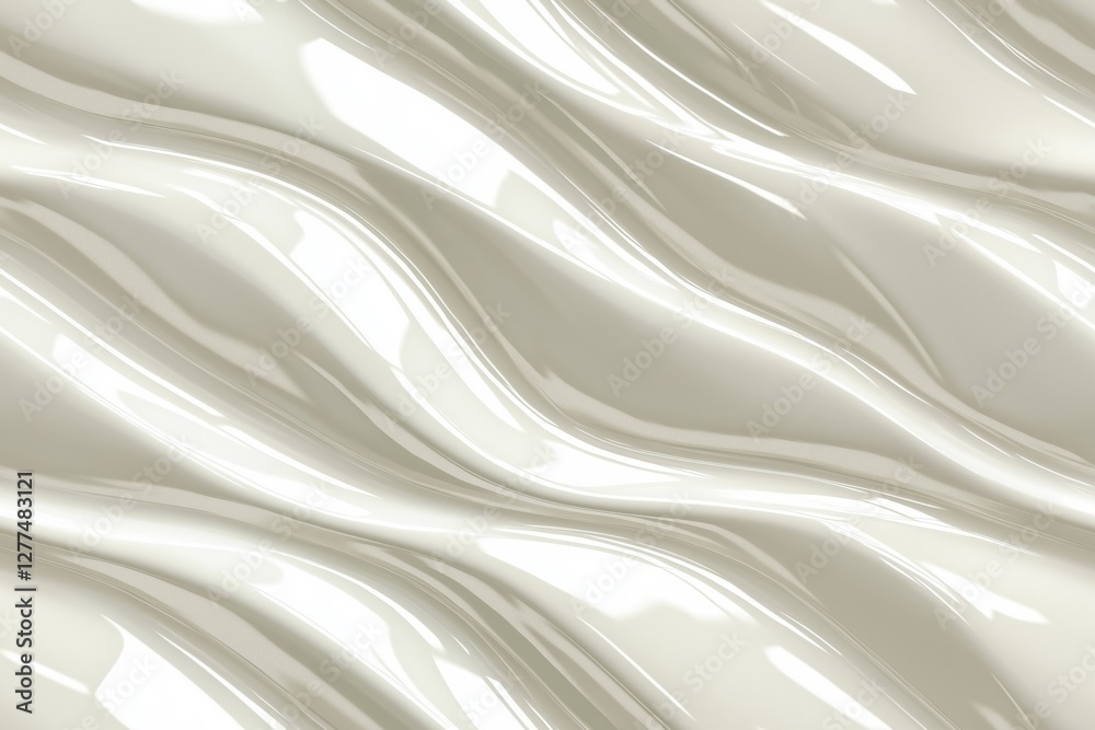 Fototapeta premium A smooth, wavy texture in a light cream color, resembling glossy fabric or liquid. The surface reflects light, creating a dynamic and fluid appearance.