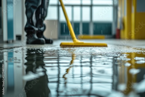 Worker mops flooded floor in modern office