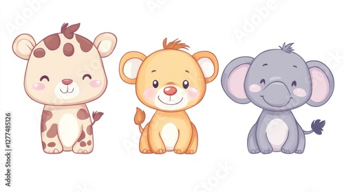 Cute cartoon animals, a giraffe, lion, and elephant, sitting in a row.