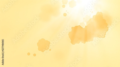 Delicate watercolor painting with volumetric lighting and a clean gold textured background. The illustration shows light beams cutting through fog, creating translucent washes, with fluid brushstrokes
