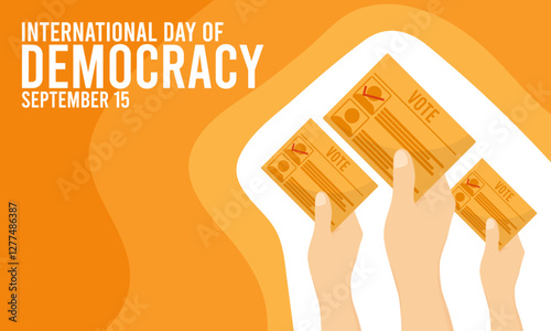 International day of democracy. September 15. Vector illustration of hands holding voter paper. Flat design vector illustration.