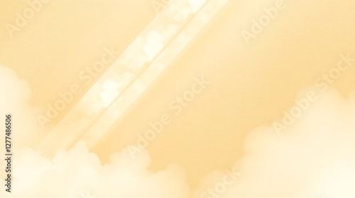 Delicate watercolor painting with volumetric lighting and a clean gold textured background. The illustration shows light beams cutting through fog, creating translucent washes, with fluid brushstrokes