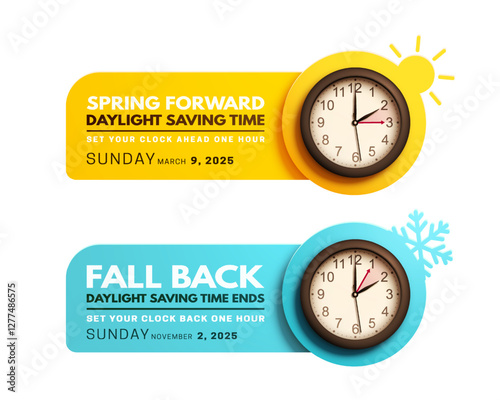 Spring Forward and Fall back concept design isolated on white background. Daylight saving time ends. Realistic black clocks. 3d Clock with hands moving ahead and backward one hour. Vector illustration