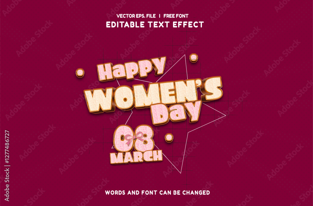 International womens day 8 march Editable text effect 3d cartoon template style premium vector. Trendy color background	
