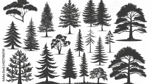 Captivating Vector Set: Pine Tree Silhouettes in an Evergreen Forest of Firs and Spruces