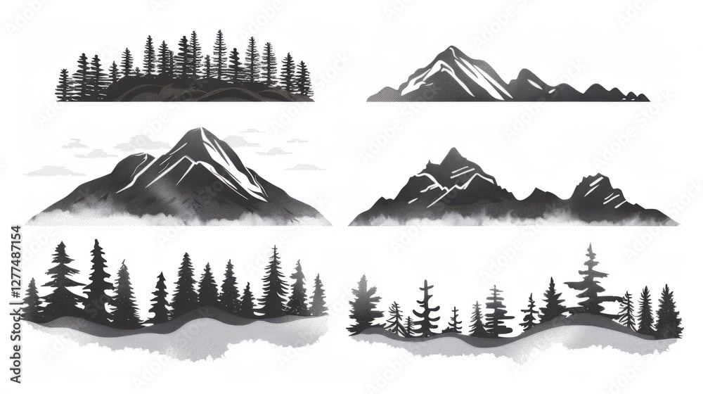 Fototapeta premium Captivating Vector Set: Pine Tree Silhouettes in an Evergreen Forest of Firs and Spruces
