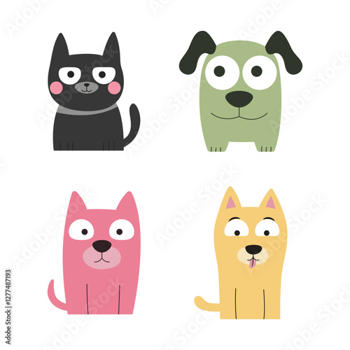 Set of Colorful Adorable Naughty Dog Puppy Pet Animal Cartoon Character with Happy Smile Face