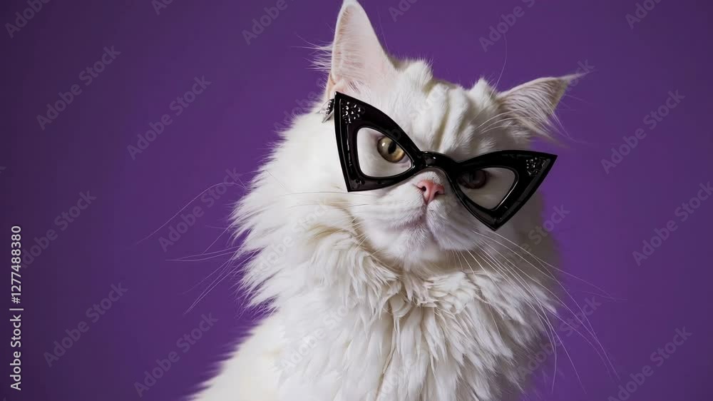 White fluffy cat wearing black retro sunglasses against a purple background. Fashionable and elegant feline concept