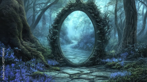 Enchanted forest path mirrored in an ornate frame, surrounded by mystical flora. Ideal for fantasy, fairytale, or magical realm themes, evoking wonder and mystery.
