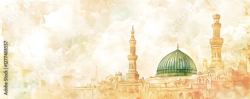 Artistic watercolor illustration of the prophet s mosque in medina