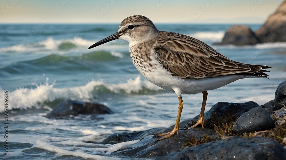 Stylized Sandpiper Perched on a Rock Surrounded by Coastal Plants and Waves Stylized Sandpiper Perched on a Rock Surrounded by Coastal Plants and Waves