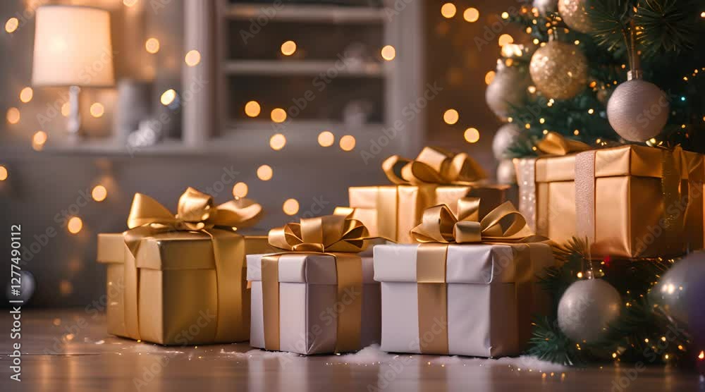 Gift boxes wrapped in bright colors with big ribbons, nestled under a sparkling Christmas tree Gift boxes wrapped in bright colors with big ribbons, nestled under a sparkling Christmas tree