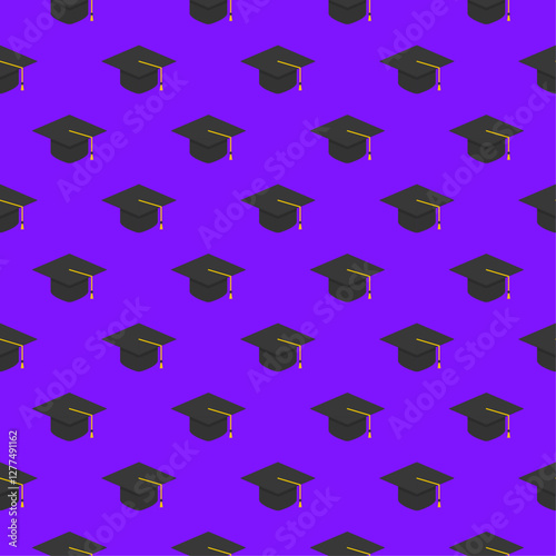 Seamless pattern graduation hats on purple background.