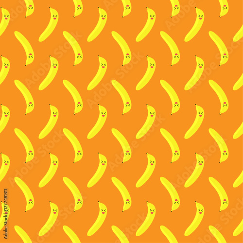 Seamless pattern cute banana on orange background.