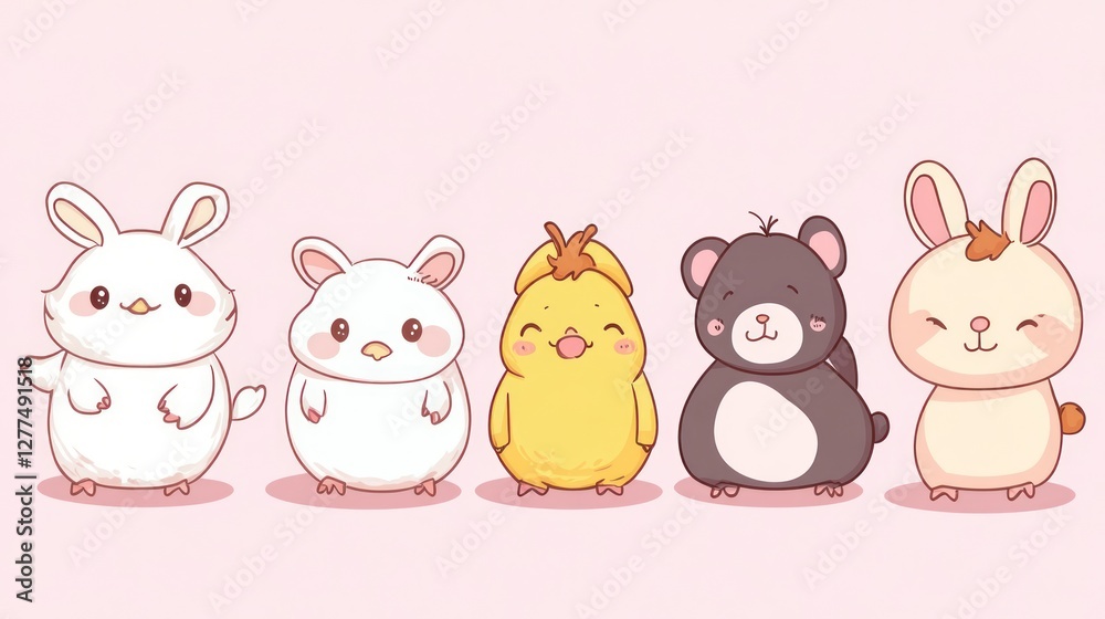 Cute cartoon animals, a lineup of adorable rabbit, hamster, chick, bear, and rabbit characters, with big eyes, round bodies, and simple features, set against a soft pastel pink background. Cute cartoon animals, a lineup of adorable rabbit, hamster, chick, bear, and rabbit characters, with big eyes, round bodies, and simple features, set against a soft pastel pink background.